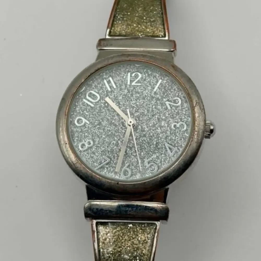 Vintage Silver & Green Glitter Watch